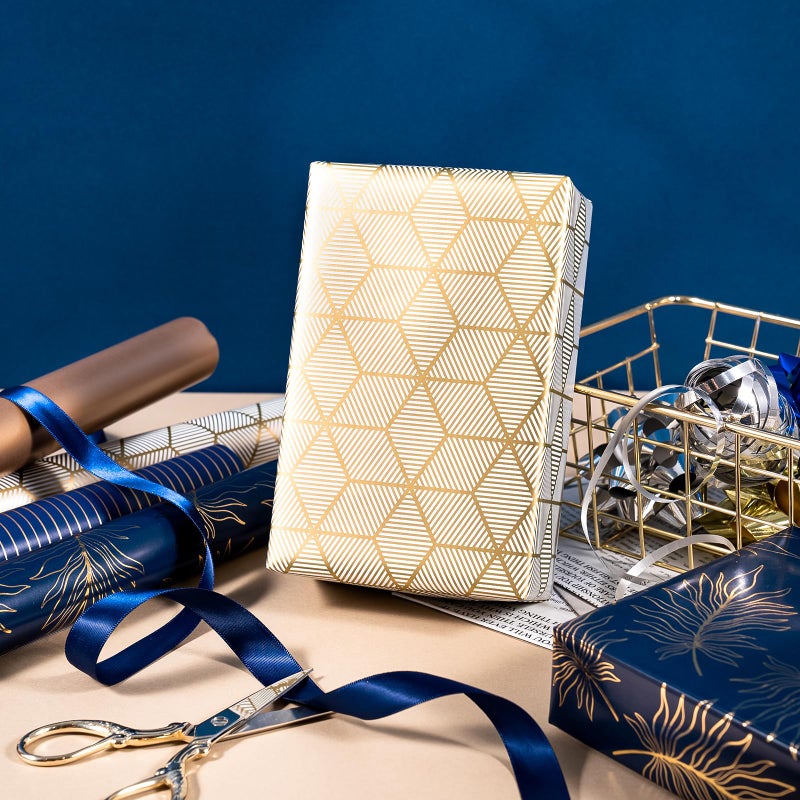 WRAPAHOLIC 30 Inch Navy Wrapping Paper - Jumbo Roll Gold and Navy Print with Cut Lines for Christmas, Birthday, Holiday, Father's Day, Baby Shower - 4 Rolls - 30 Inch x 120 Inch Per Roll - Image 4